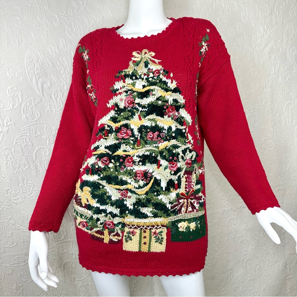 Tiara Int’l Christmas Tree Embroidered Beaded Sequined Sweater